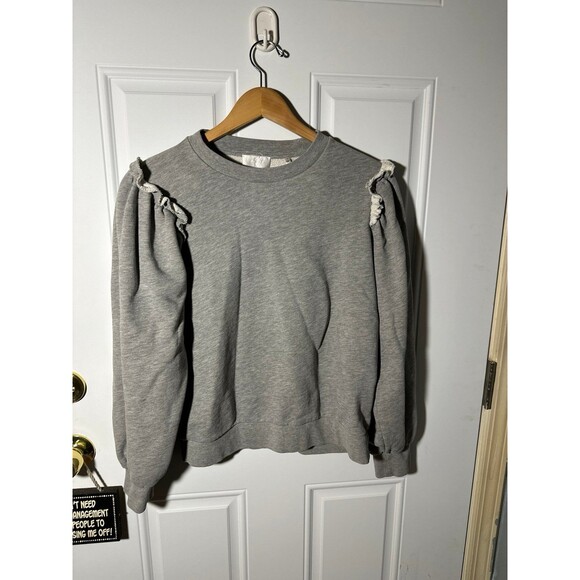 7 For All Mankind Sweater Womens Gray Contrast Ruffle Shoulder Trim Top - Picture 1 of 5